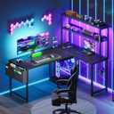 AODK L Shaped Desk Gaming Desk with LED Light & Power Outlet, 43 Inch Reversible L Shaped Computer Table with Shelf, Corner Desk with Storage Bag&Hook for Home Office Desk, Black