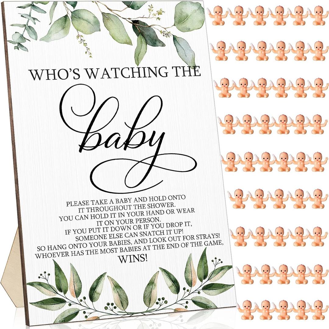 51 Pcs Cool Baby Shower Games Who's Watching The Baby Sign Wooden Gift Sets Gender Reveal Party Favors 50 Tiny Plastic Babies Small Mini for Party Decors(Green Leaves)