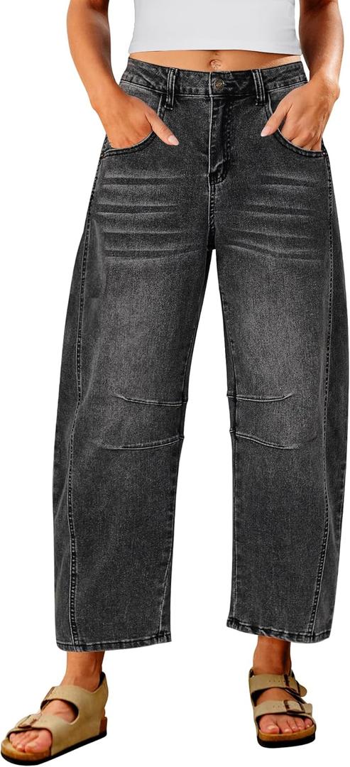 Utyful Barrel Jeans Women Cropped Baggy Trendy High Waisted Distressed Loose Stretch Denim Trouser Jeans with Pockets (Size Medium, Faded Black)