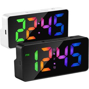 2 Pack Alarm Clock for Bedroom, RGB Digital Clock Large Display, Dual Alarm Clocks for Bedrooms Heavy Sleepers, Plug-in Desk Clock with Temperature, Dimmable Night Mode, Battery Backup(White+Black)
