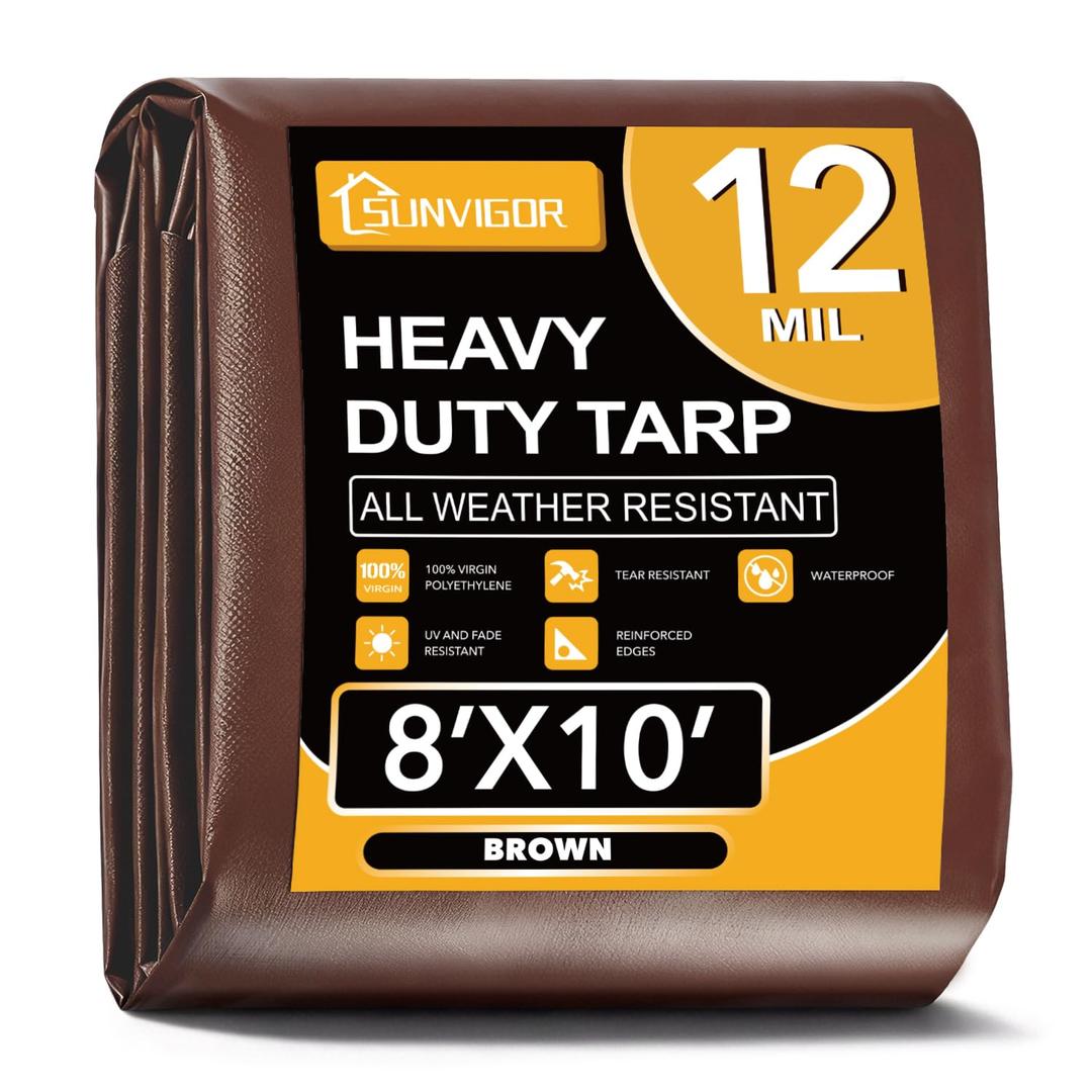 Sunvigor Tarp Waterproof 18x24Ft, Extra Thick 12 Mil Heavy Duty Tarp Cover, Tear & Fade Resistant, Outdoor Tarps with Brass Grommets and Reinforced Edges for Roof, Camping, Patio, Boat (Brown)