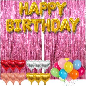 4 x 77Pcs Pink Happy Birthday Party Decorations Kit, Happy Birthday Banner, Pink Streamers Tinsel Backdrop, 4 Colors Foil Heart Balloons with 50Pcs Colorful Balloons Party Decor for Girls Women Princess