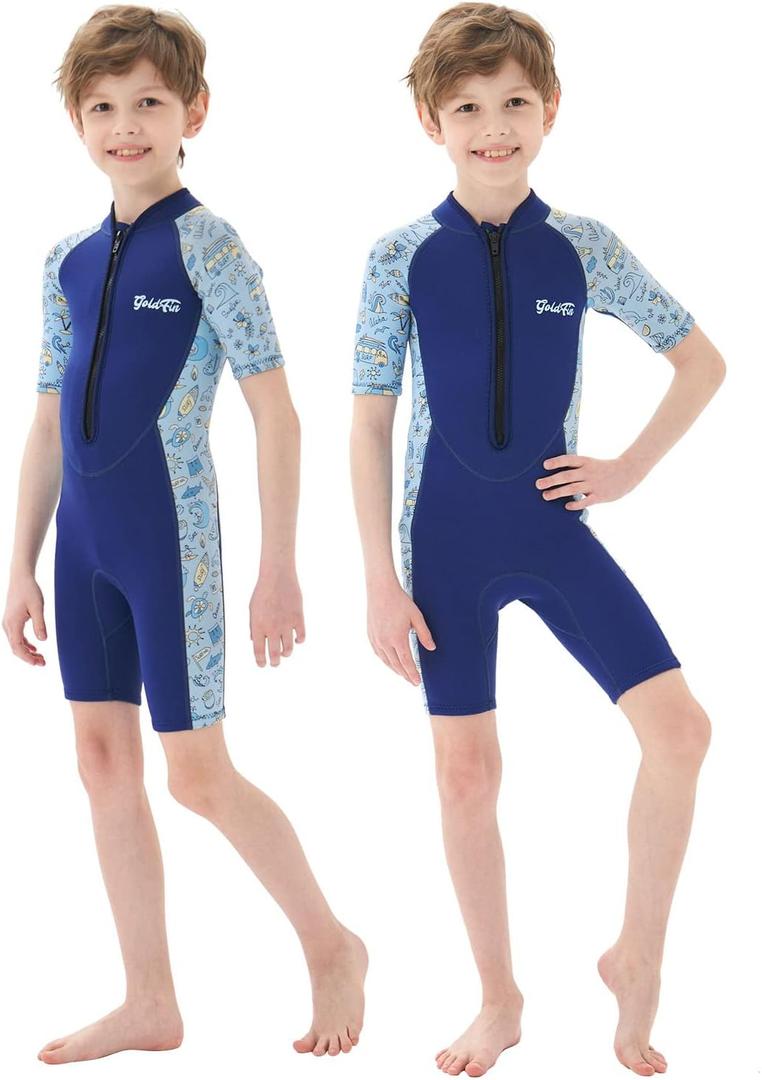 Goldfin Kids Wetsuit for Girls Boys, 2mm 3mm Toddler Shorty Neoprene Front Zip Wet Suits Keep Warm for Water Sports Surfing Snorkeling Swimming (4.Boys - Sea)