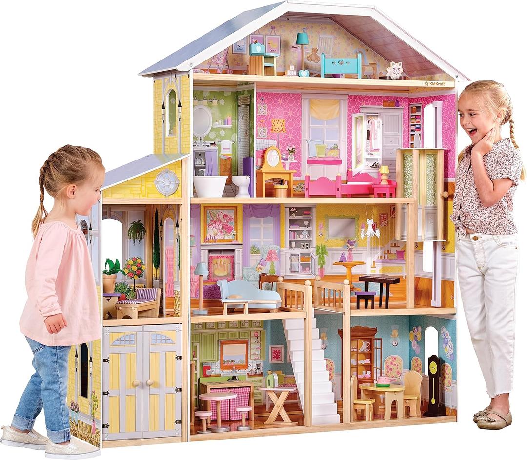 KidKraft Majestic Mansion Wooden Dollhouse with 34-Piece Accessories, Working Elevator and Garage, Gift for Ages 3+, 12" tall