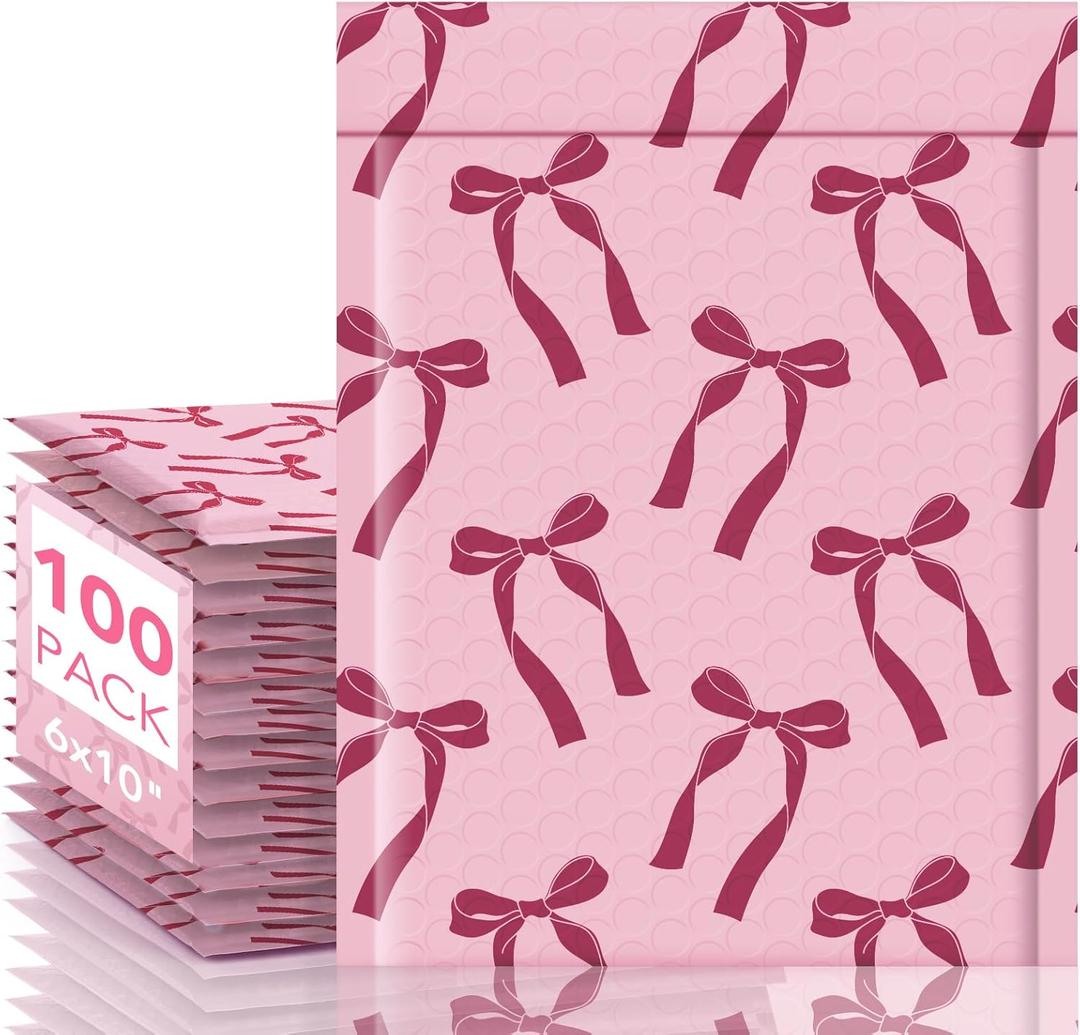 Fuxury Bubble Mailers 6x10" Padded Envelopes 100 Pack Pink Bows Cute Design Bubble Envelopes Usable Size 6x9" Strong Adhesion Pattern Shipping Envelopes Thick Padded Mailer for Mailing Jewelry, Makeup