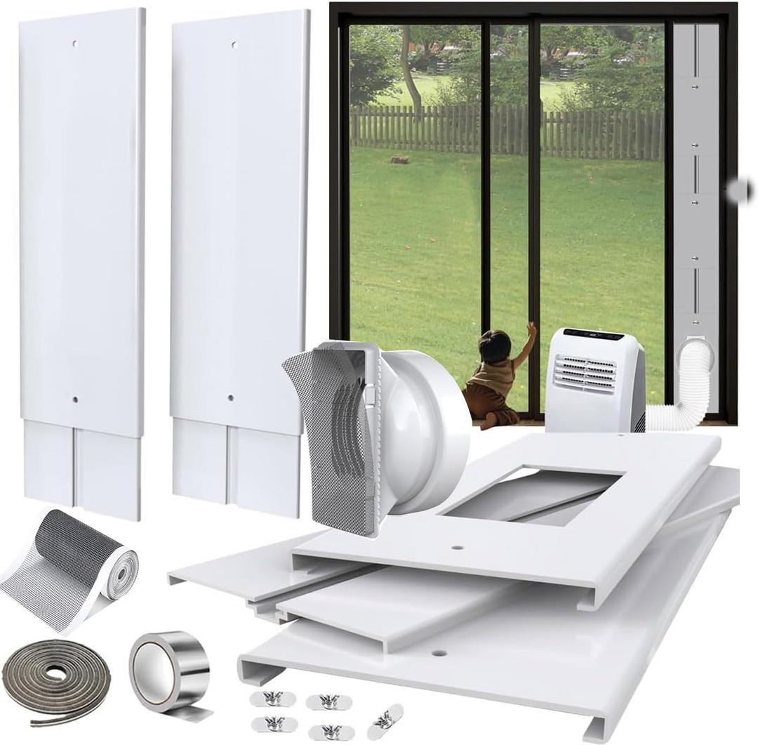 Max 105" Sliding Door AC Vent Kit with Screen net & 2 weather strippings Energy Saving Airtight Universal 5.0/5.9 Inch AC Hose Coupler Portable AC Balcony Door/Window Seal Plates kit