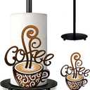 Coffee Themed Paper Towel Holder Countertop - Decorative Metal Paper Roll Stand with 3D Cup & Swirl Design, Weighted Base for Kitchen, Bar, Farmhouse Decor (Coffee)