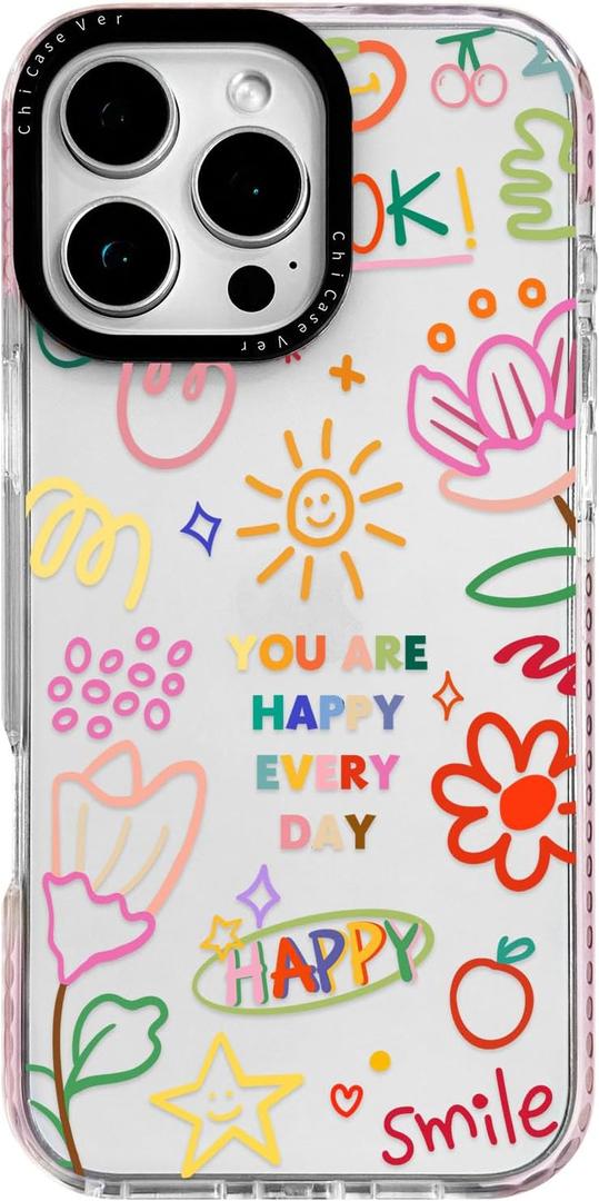 for iPhone 15 Plus Case, Doodle Happy Collage Pattern, Military-Grade Drop Protection, Cute Soft Slim TPU Protective Cover with Camera Lens Protection for Women & Girls (Graffiti Floral)