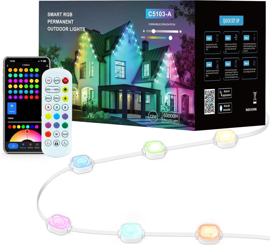 Permanent Outdoor Lights 100ft with 111 Lighting Scenes, 105 Optimal Light Angle, for Halloween Christmas, Compatible with Alexa, Google Assistant, IP67 Waterproof, Smart RGB Outdoor Lights 72 LEDs