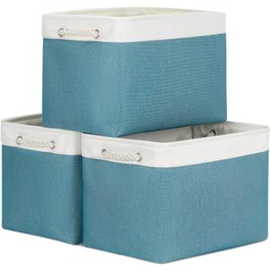 Bidtakay Large Storage Baskets for Shelves 3 Pack 16x11.8x11.8 Inch Storage Bins for Organizing Fabric Storage Cubes for Closet Clothes Basket Laundry-White&Teal