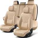 Car Seat Covers Full Set, Breathable Leather Automotive Front and Rear Seat Covers, Car Seat Protectors Full Set,Universal Automotive Vehicle Seat Cover for Most Sedan SUV Pick-up Trucks, Beige