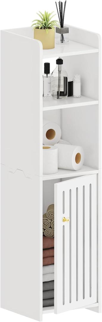 Narrow Bathroom Storage Cabinet, 4-Tier Slim Bathroom Organizers with Door and Open Shelf for Toilet Bathroom Small Spaces (7.9" D x 7.9" W x 31.5" H)