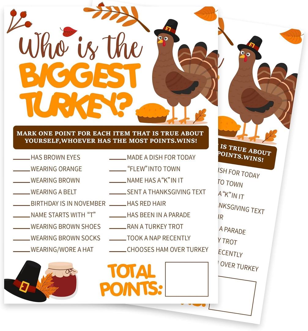 Thanksgiving Party Icebreaker Card - Who Is The Biggest Turkey -A Set of 20 Game Cards, Thanksgiving Dinner Game For Teens & Adults, Friendsgiving, Harvest, Holiday, Party Favor And Supplies - A03 (Three)