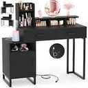 Vanity Desk, Small Vanity Desk with Power Outlet, Makeup Desk with Drawers and Cabinets, Vanity Set with Storage Shelves for Bedroom, No Mirror