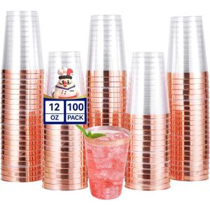 JOLLY CHEF 100 Pack Rose Gold Plastic Disposable Cups, 12 oz Clear Plastic Cups Tumblers, Elegant Rose Gold Rim Disposable Glasses Suitable for Party Wedding