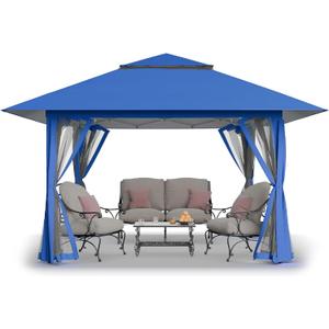 CROWN SHADES 13x13 Pop Up Gazebo, Canopy Tent, Gazebos on Clearance - Outdoor Gazebo for Backyard & Patio Furniture - Carpa Pop Up Tent with Wheeled STO-N-Go Cover Bag (Blue)