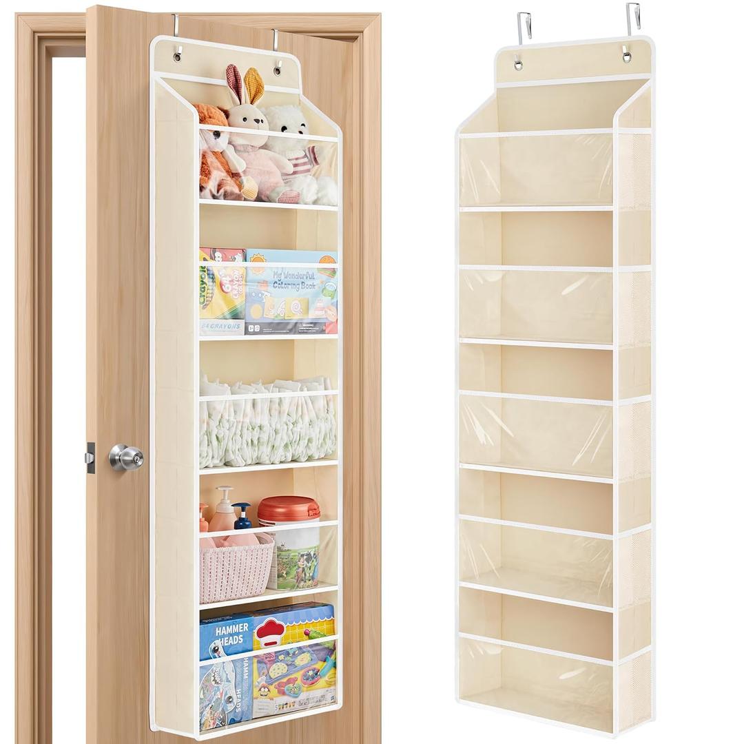 JARLINK Toy Stuffed Animal Storage, Over The Door Organizer W/Clear View Windows, 44lb Load, Baby Toy Storage Organizer for Nursery, Kid Bedroom, Newborn Baby Essentials (Beige) (1 Pack)
