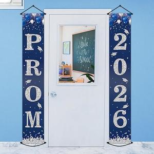 Prom Night 2026 Grad Theme Porch Sign Banner Graduation Party Decoration Class of 2026 Door Decoration Prom Send Off Hanging Banner Congrats Grad Photo Booth Prop for High School Navy Blue and Silver