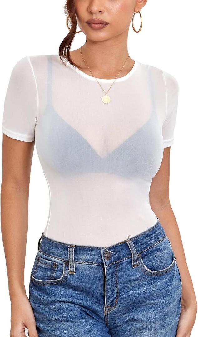 Women's Mesh Tops Short Sleeve Sheer Tee Shirts See Through Bodycon Clubwear Shirts (White, M)