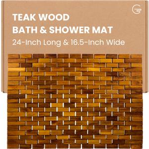 Teak Bath Mat & Shower Mat (24" x 16.5") | Wooden Flooring for Bathtub & Bathroom | Foldable & Non Slip Wood Bathmat