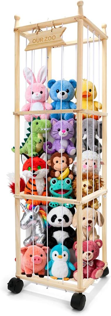 Stuffed Animal Storage Organizer, Wooden Large Stuffed Animal Holder Organizer with Wheels, Wooden Animals Zoo Toy Plushies Storage Holder for Playroom, Bedroom, Living Room