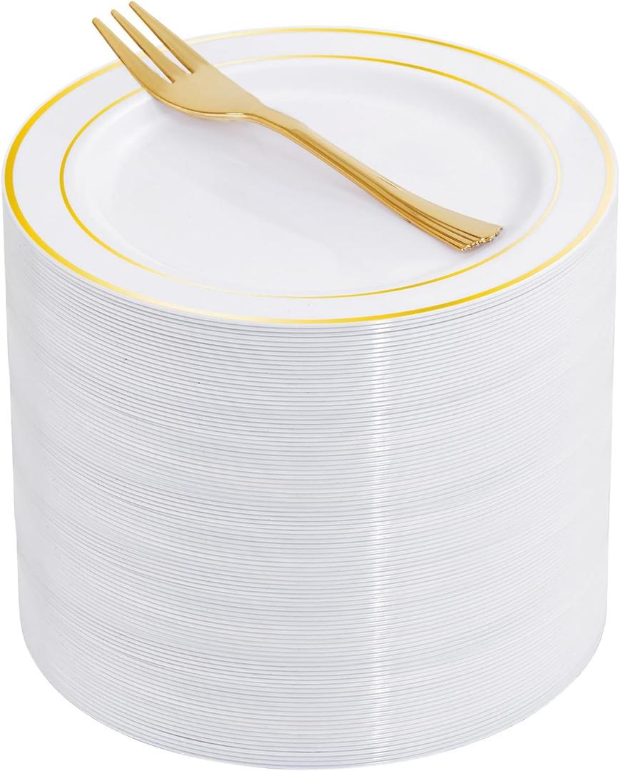 WELLIFE 60 PCS Gold Plastic Dessert Plates and 60 PCS Forks, 6.3 inch Disposable Salad Plates, Premium White Appetizer Plates with Gold Rims, Perfect for Party