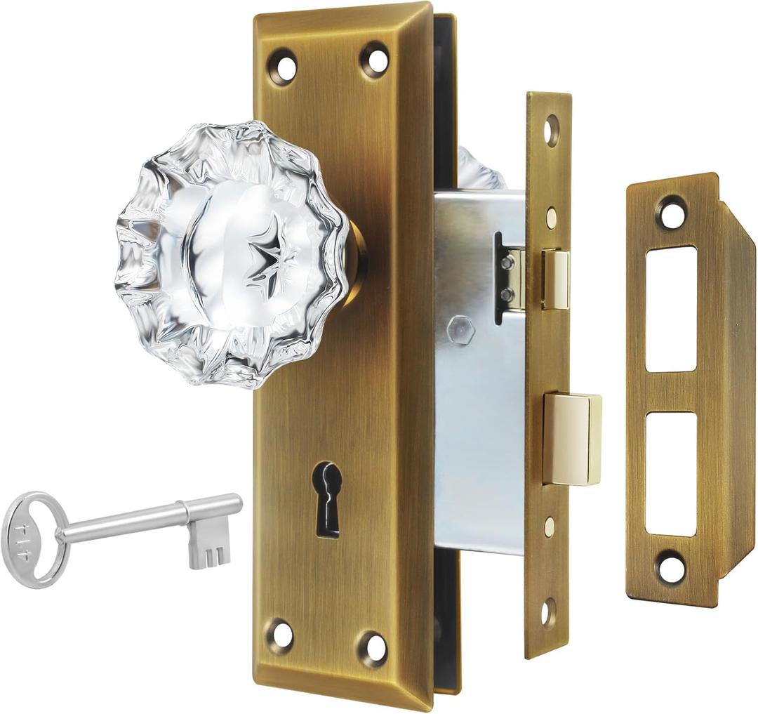 Upgraded Mortise Lock Set for Interior Door, Antique Brass Crystal Glass Door Knobs with Lock and Skeleton Key, Old Style Door Knobs Reversible for Left & Right Handed Door