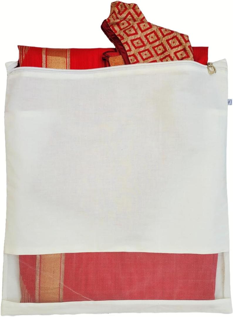 12 pieces Reusable Cotton Saree Cover with Blouse compartment big size for Storage, Wardrobe Organizer bags saree bags cotton (17x17 inch)