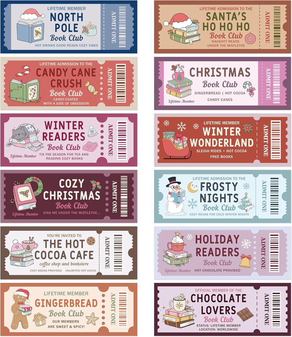 Laffact Christmas Book Club Bookmarks - 120Pcs Winter Cute Ticket Style Reading Tracker, Gingerbread Man Santa Designed Page Marker, Readers Accessory Bookish Gifts for Book Lover School Library Party