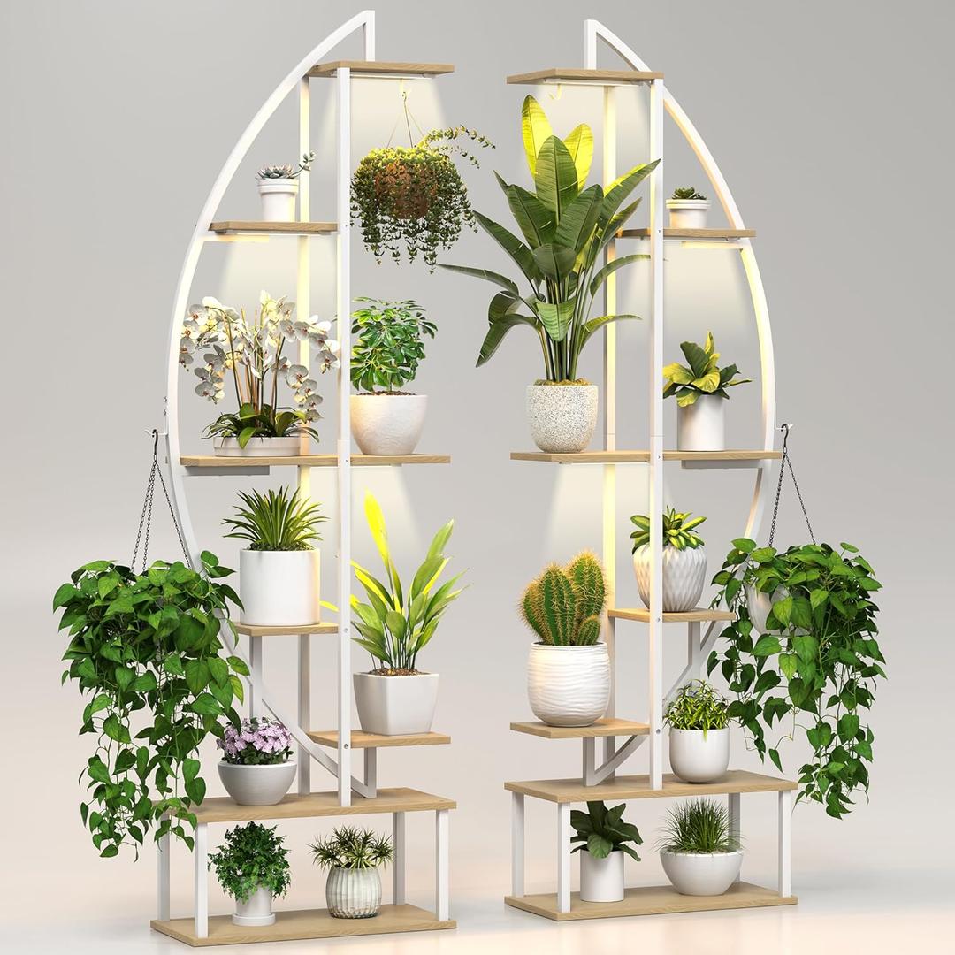 Plant Stand Shelf Rack Indoor with 6 Built in Grow Light, 7 Tier 65" Tall Pair Large Half Moon Lighted Plant Stand with Hanging Hook, 2 White Circle Sturdy Tiered Herb Shelving with Lighting