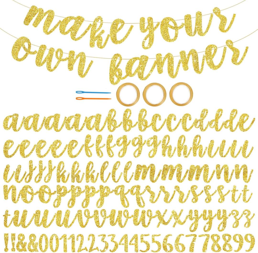 BEISHIDA Glitter Gold 116 PCS A-Z DIY Letter Banner Kit Make Your Own BannerIncluding 111 Letters and Numbers 3 Rope and 2 Threading Device,Customized for Birthday Graduation Wedding Party Decor