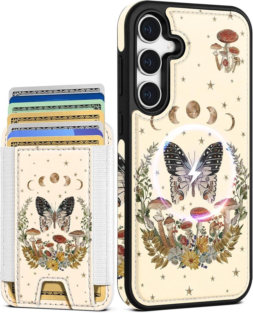Shorogyt for Samsung Galaxy S25 Cute Kawaii Leather Phone Case - Compatible with Magsafe Wallet Magnetic Credit Card Holder Fashion Butterfly Design Phone Cover for Women Girls, Fits 7 Cards