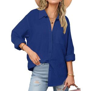 Zeagoo Womens Button Down Shirts Long Sleeve Cotton Gauze Tops Casual Collared Blouses Loose Fit (3XL, Navy Blue)
