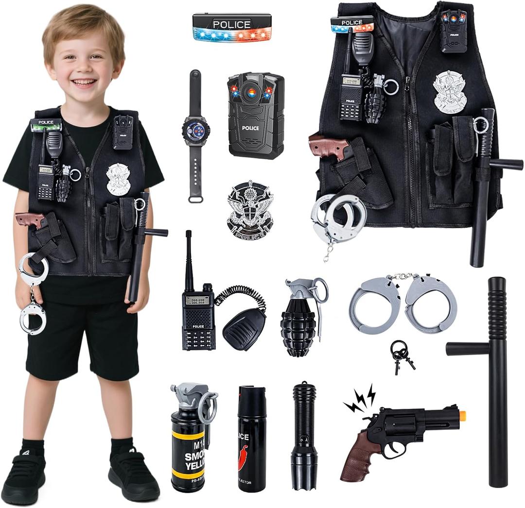 14Pcs Police Costume for Kids, Pretend Play Swat Vest with Toys Accessories, Role Play Cop Costumes Outfit Dress up Set for 4-6 6-8 Ages, Swat Costume for Kids, One Size