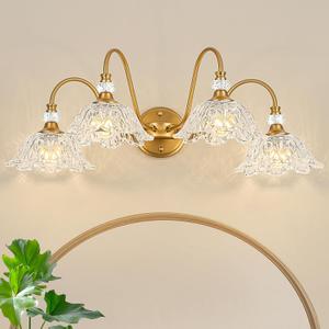 Vintage Matte Brass Finish Bathroom Vanity Light, 4-Light Vanity Light with Floral Glass Shades, Retro Wall Mount Lighting for Bathroom, Dressing Table