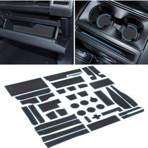 for Ford F150 Accessories 2021 2022 2023 2024 2025 Non-Slip Anti Dust Cup Holder Insert Center Console Liner Trim Door Packet Mats Custom Interior 40-pc Set (Bucket SuperCrew)(Blue Trim)