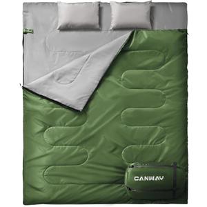 CANWAY Double Sleeping Bag Flannel for Adults Cold Weather Queen Size Two Person Sleeping Bags for Camping with 2 Pillows (Army Green)