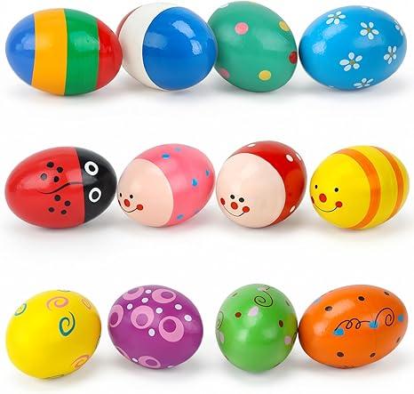 POPLAY 12PCS Wooden Egg Shakers, Musical Instruments for Babies Hand Maracas for Kids Easter Basket Stuffers Percussion Musical Eggs