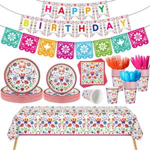 Domensi 144 Pcs Mexican Birthday Party Decoration Supplies for 20, Mexican Floral Cielito Lindo Paper Plates Napkins Cups Banner Papel Picado Tablecloth Cutlery Fiesta Birthday Tableware(White)