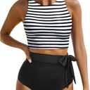 Aqua Eve Women High Waisted Bikini Set Racerback Swimsuit Two Piece Bathing Suit High Neck Swimwear (X-Small, Stripe and Black)