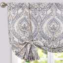 jinchan Faux Linen Tie up Valance for Windows 54 Inch Farmhouse Valance for Living Room Bathroom Light Blocking Rod Pocket Country Rustic Small Window Curtains Drapes 1 Panel Ivory (Damask | Blue on Beige)