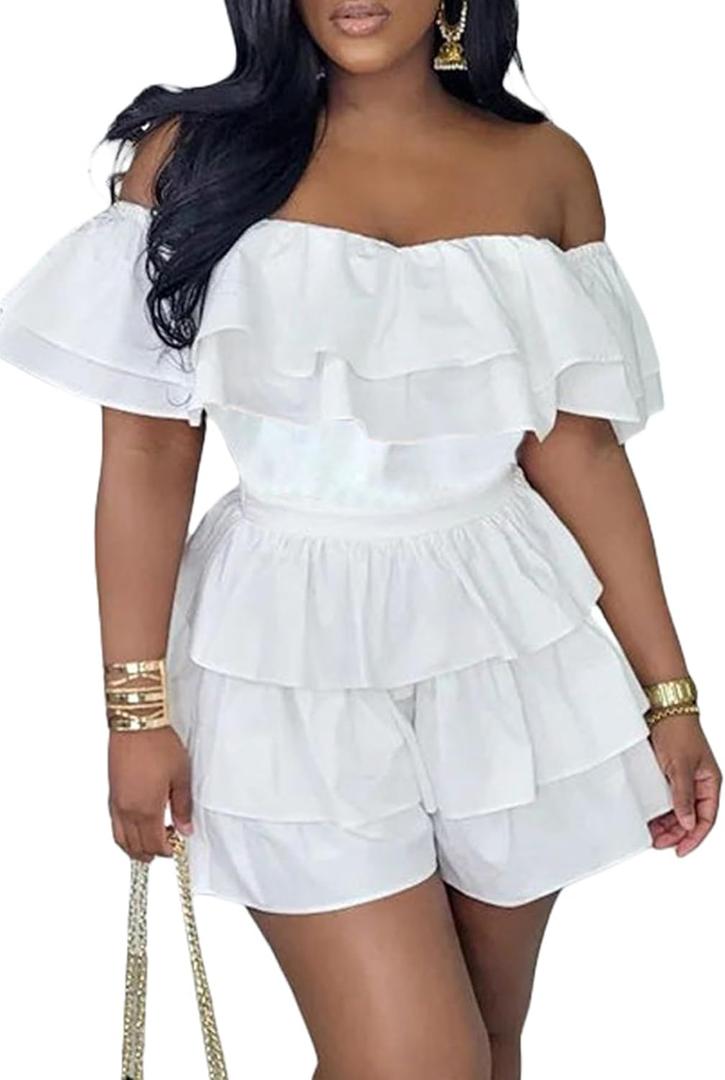 Geulis Womens Boho off Shoulder Rompers Summer Ruffle Dresses Short Sleeve Tiered Short Jumpsuits (Large, 1-white)