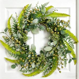 24 Inch Summer Wreath, Artificial Eucalyptus Wreath with Fern Leaves and Berries, Spring Summer Wreath for Front Door, Wall, Window, Farmhouse Home Decor Party Wedding Office Decoration