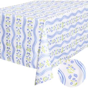 xo, Fetti Coastal Tablecloth, White + Blue | 9' x 4.5' | Bachelorette Tablescape, Dinner Party Setting, Beach Birthday Decoration, Cute Table cover, Floral Table Decor