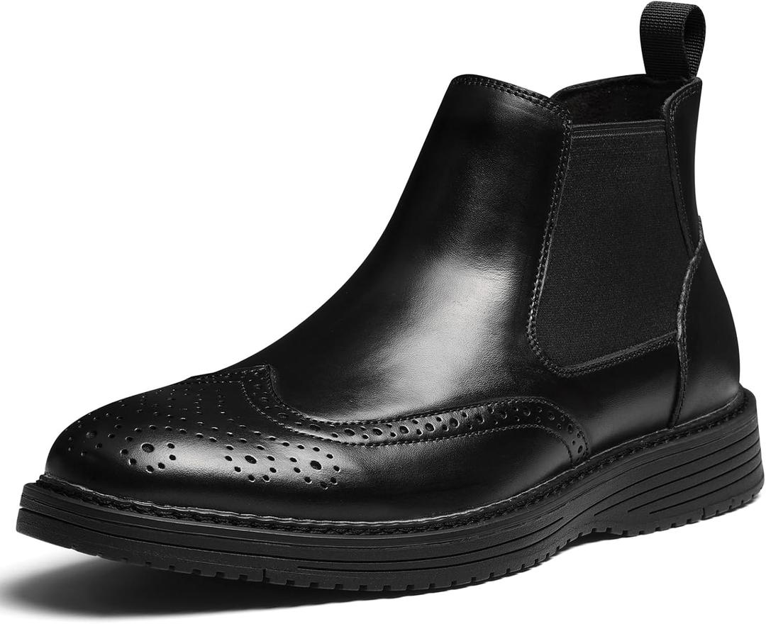 Hantatop Chelsea Boots Men Genuine Leather Casual Dress Boots Comfortable Classic Brogue Wingtip Slip On Ankle Chukka Boots for Office Casual Travel, Black US 10