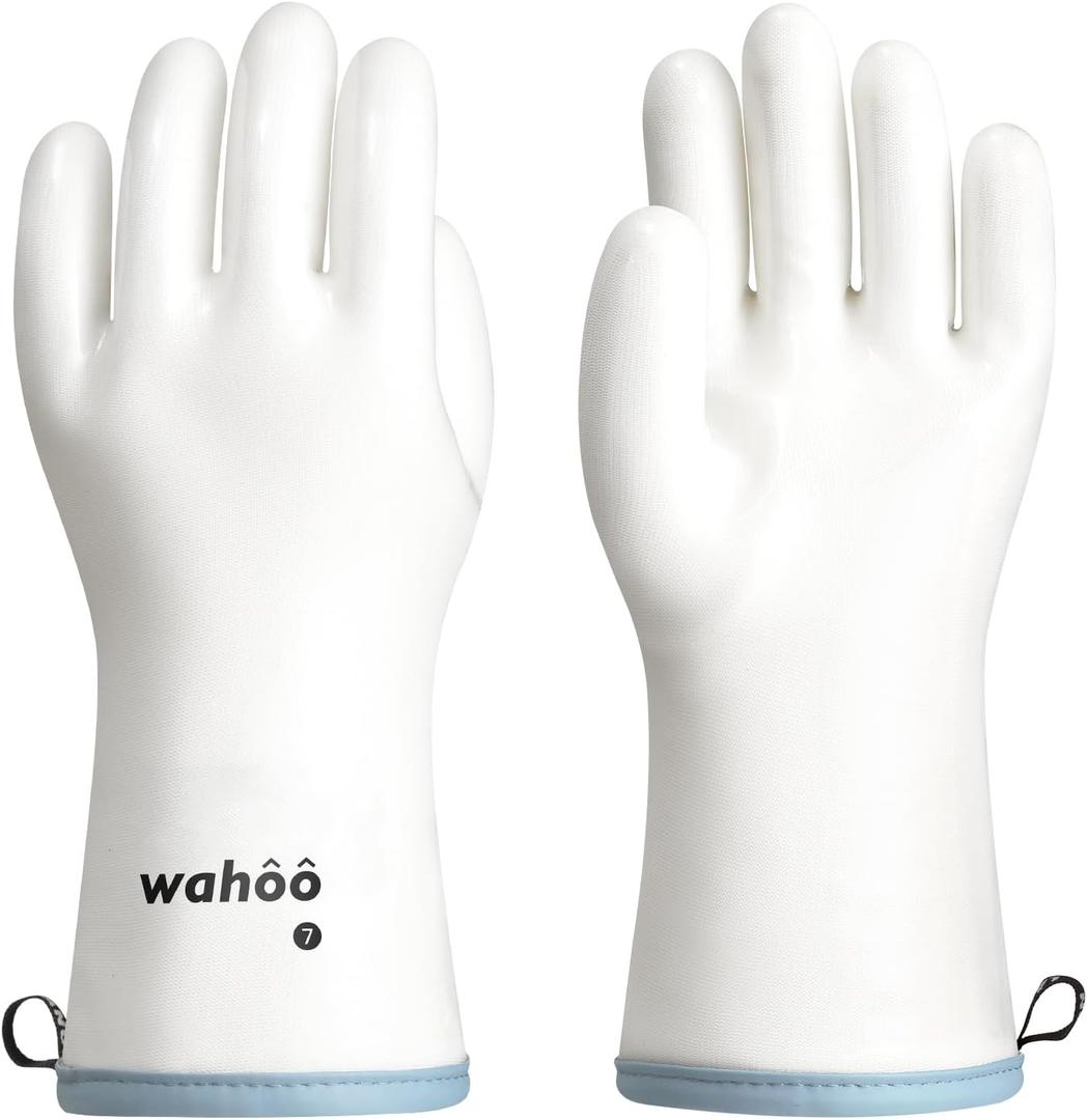 wahoo Professional Liquid Silicone Oven Mitts Gloves, Heat Resistant Gloves for Cooking, Baking, CoralAir Liner, 12 Inch, White, Medium
