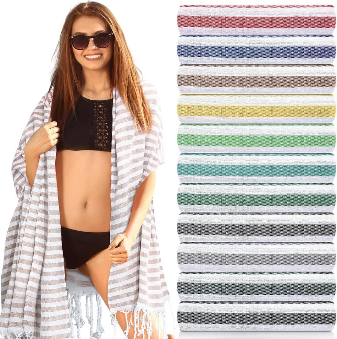 Preboun 12 Pcs Turkish Cotton Beach Towel Bulk 40 x 71'' Oversized Turkish Beach Blanket Quick Dry Extra Large Pool Towel for Adult Absorbent Sand Free Towels for Bathroom Travel(Mix Color,Stripes)