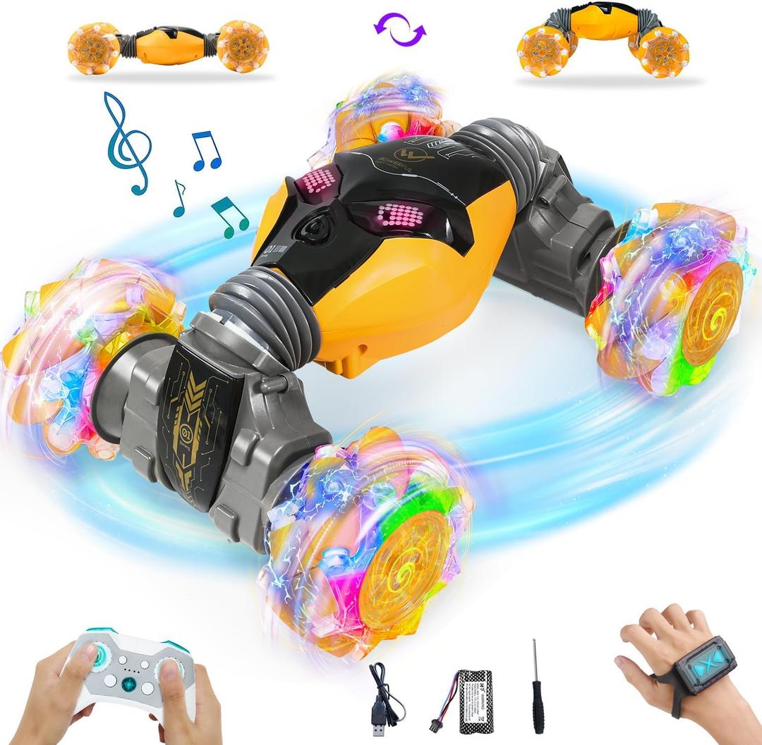 RC Cars Gesture Remote Control Car with Light Music 1:12 Hand Controlled Rc Car 2.4GHz 4WD Rc Stunt Car Gesture Sensing Double Sided 360 Rotation Off-Road Vehicle for Boys Girls(Yellow,Pro)