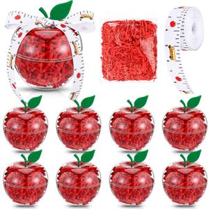 8 Sets Back to School Teacher Gifts Bulk Large Clear Apple Container Plastic Candy Apple Boxes Snack Jar with Red Raffia for Wedding Christmas Party Favors Classroom Decorations Table Centerpiece