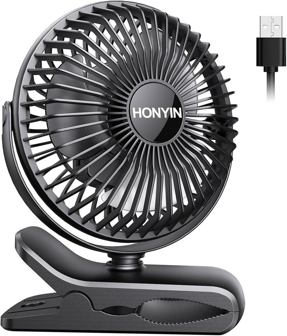 HONYIN 720 Rotation Small Desk & Clip on Fan with Sturdy Clamp, 3 Speeds, Quiet Little Personal Cooling Fan by USB Plug In, for Bedroom Office Desktop Treadmill (Black)